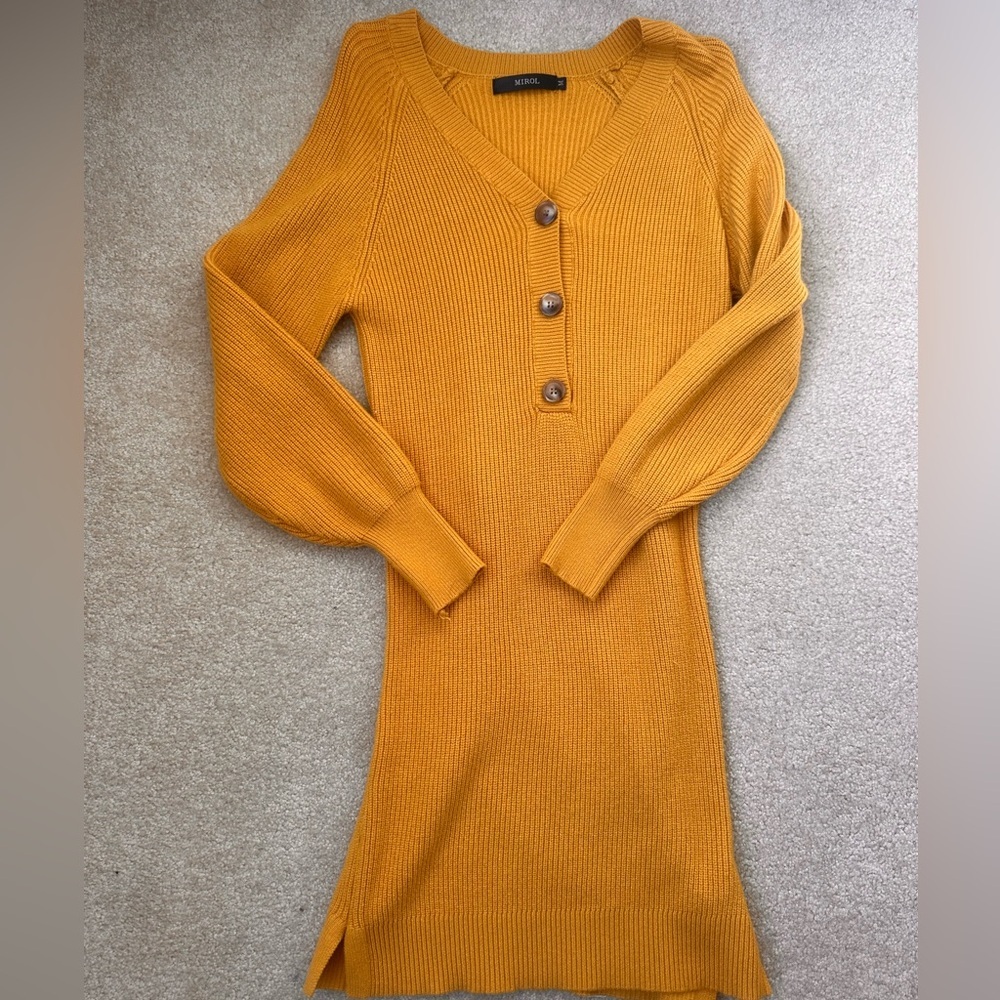 Mirol Mustard Yellow Cozy Ribbed Knit Sweater Dress | V-Neck Button Front